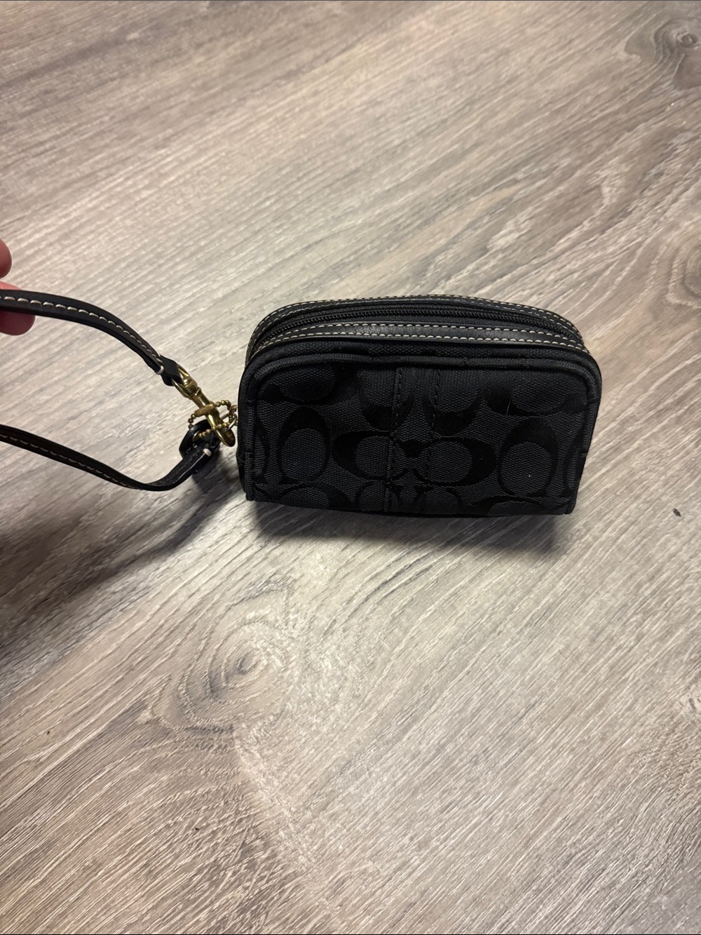 Coach Black Signature Mini Wristlet with Gold Hardware